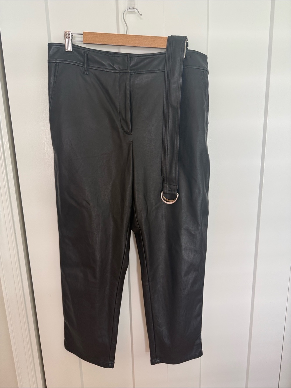 Loft Black Faux Leather Pants Women’s Size 14 High Tie Waist Belted